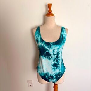 Lulus Womens Myrna Tie Dye One Piece Swimsuit Size XL Teal Turquoise Cream White